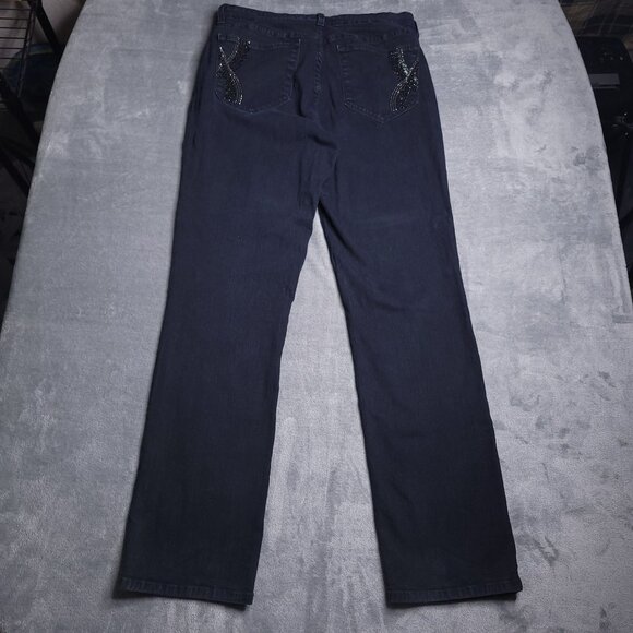 NYDJ Womens Straight Leg Jeans 12 Mid Rise Black Rhinestone Pockets Slimming - Picture 4 of 9